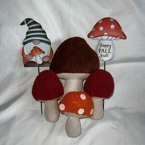 Set Of Fall Gnome & Mushroom Decorations - Plush & Metal Yard Picks - Autumn Dec